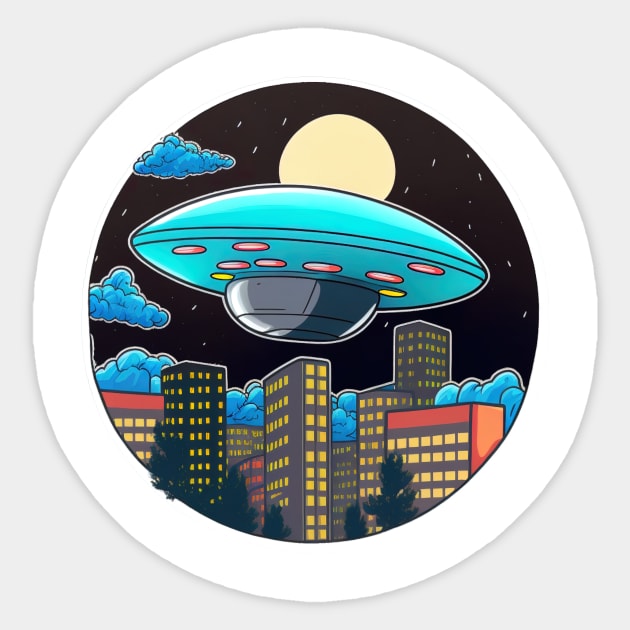 In the dark night ufo's is flying over the city Sticker by BrainfArtBros